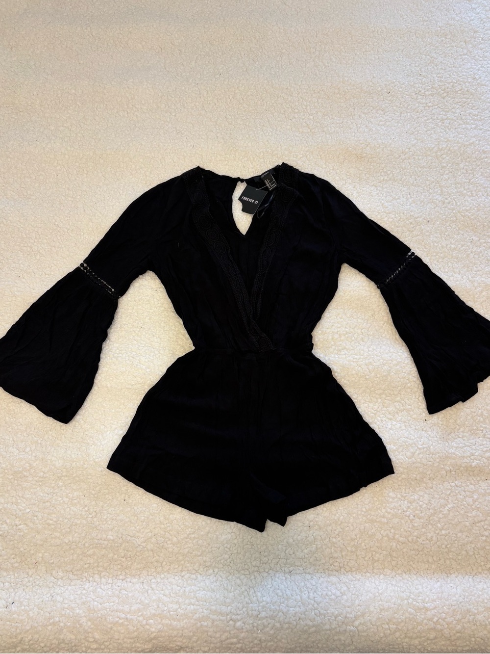 Forever 21 Women Black V-neck Bell Sleeve Romper